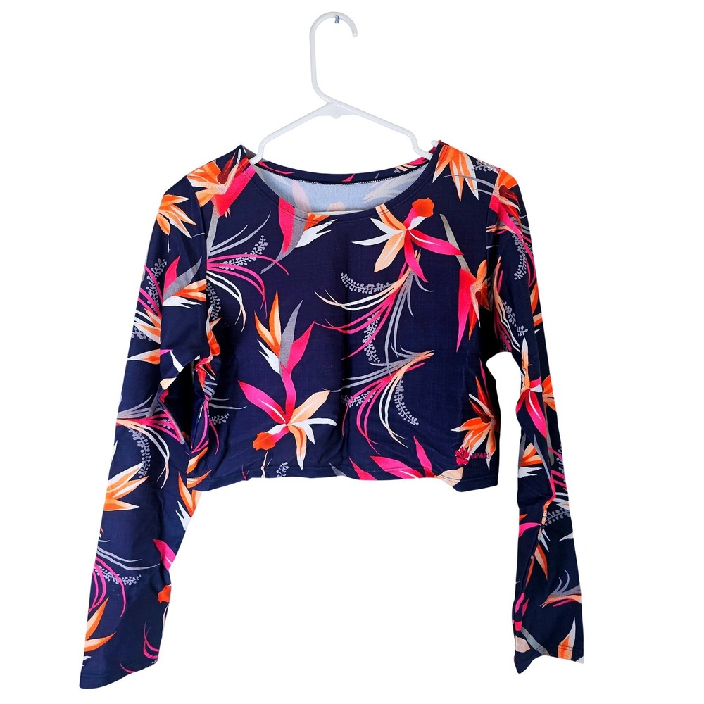 Hapari Womens 16 XL Long Sleeve Cropped RashGuard Tropical Swim Top Navy Medium